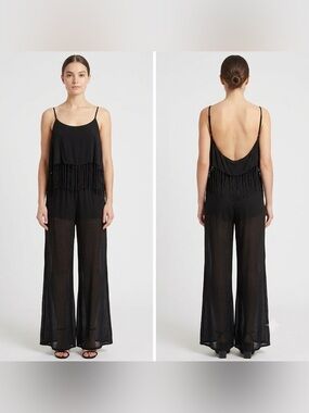 Indah Tenno  Black Fringe Jumpsuit Low Back Sheer Wide Leg Resortwear Beach S